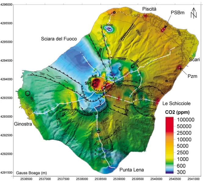 Fig. 3. CO 2 concentration map of Stromboli superimposed on shaded topography and volcano-structural features