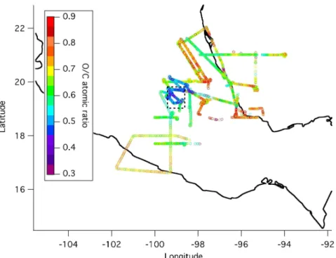 Fig. 8. Flight tracks for RFs 1, 2, 3, 11, and 12 colored by the organic O/C atomic ratio
