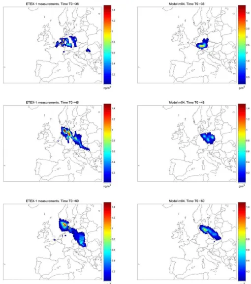 Fig. 3. (Continued.) Comparison between observations (left) and predictions (right) made by m04 at hours T0+36, T0+48 and T0+60