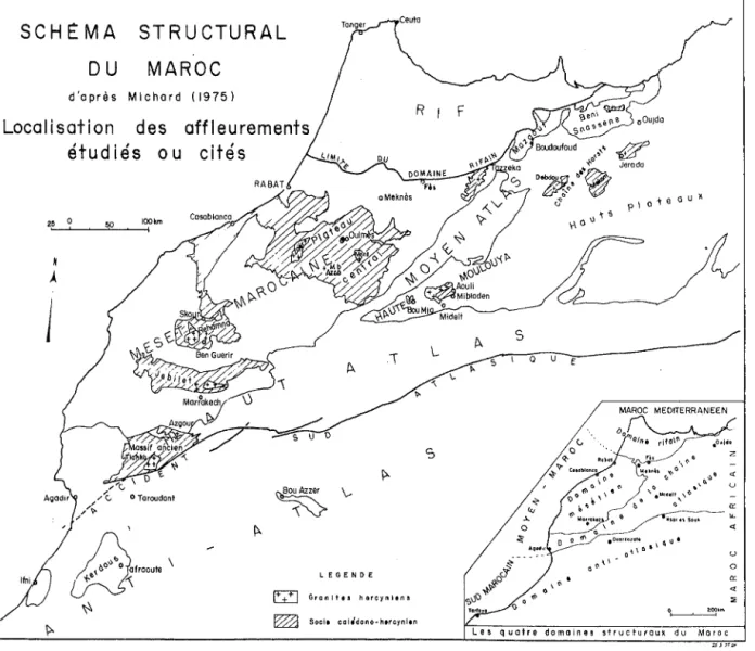 Fig.  1  - Schéma  structural  du  Haroc,  d'après  MICHARD  (1975),  et  localisation  des  affleurements  étudiés  ou  cités