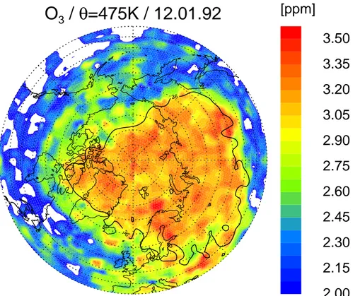 Fig. 1. Initialization for ozone on the 475 K level derived from MLS data. White areas indicate mixing ratios below 2.0 ppm