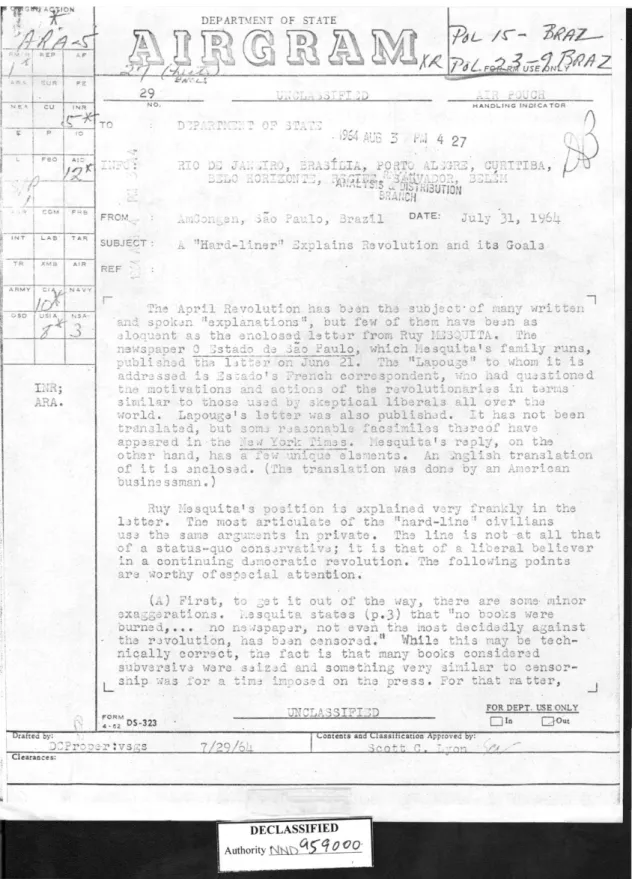 Figure 3 – L’analyse des Documents du gouvernement des États-Unis trouvés aux archives  virtuels « Brown Digital Repository »  sur la dictature militaire au Brésil (page1) 