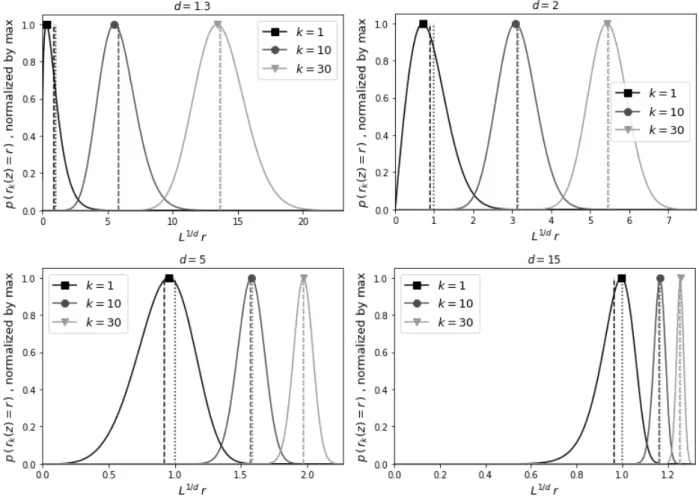 Figure II.2: Probability density functions of r k , the k -th analog-to-target distance, for fixed values of k , and of the local dimension d , from Eq