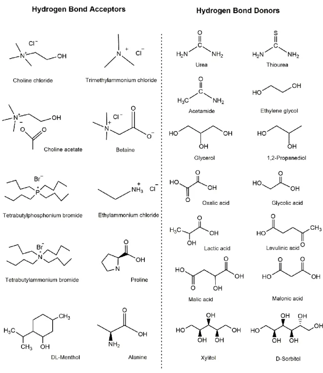 Figure 2. Commonly used HBA and HBD compounds in deep eutectic solvents’ preparation 