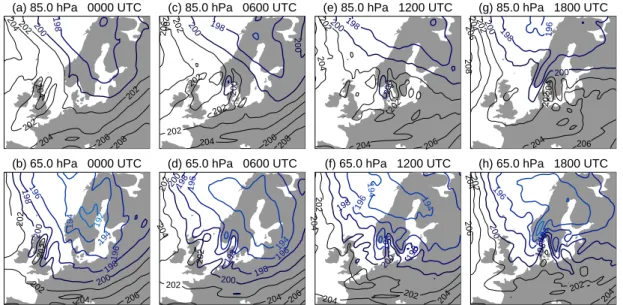Fig. 4. As in Fig. 3 but plotting hindcast fields from the NOGAPS-ALPHA T239L60 hindcast temperatures initialized with NAVDAS reanalyses on 13 January 2003 at 12:00 UTC (i.e