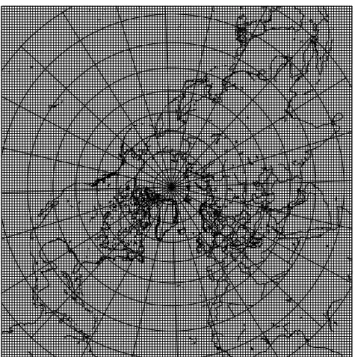 Fig. 1. The DEHM-POP model domain and horizontal grid: A polar stereographic projection with a resolution of 150 km × 150 km at 60 ◦ N.
