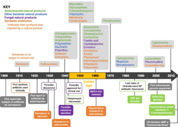 Figure 1 – Timeline of antibiotic development research, focusing on the main hallmarks