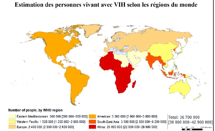 Figure 2 : VIH aujourd'hui dans le monde : une distribution inégale   (OMS, 2017) 