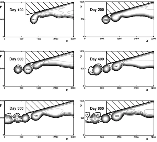 Fig. 6. Thickness contours of the numerical simulation for the first 600 d. A chain of eddies is formed despite intermittent cases of eddies recapturing