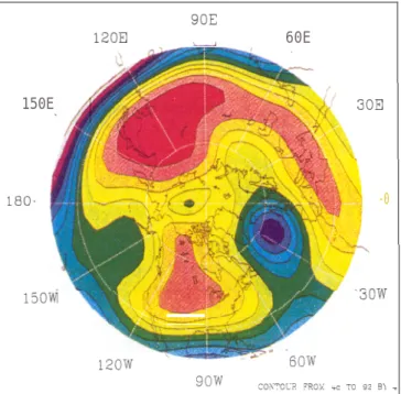 Figure 3. Linear correlations (X 100) between actual and pre- pre-dicted 500  hPa geopotential heights averaged over the 42 month (January 1986  - June 1989) target set and averaged over   one-to twelve-month forecasts for each latitude-longitude grid poin