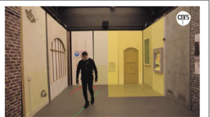 FIGURE 1 | The real, ecological experimental setup. In the Streetlab platform (Vision Institute), a street-like, open-field maze was set up for young and older participants to navigate in a real, yet fully controlled, environment [see section