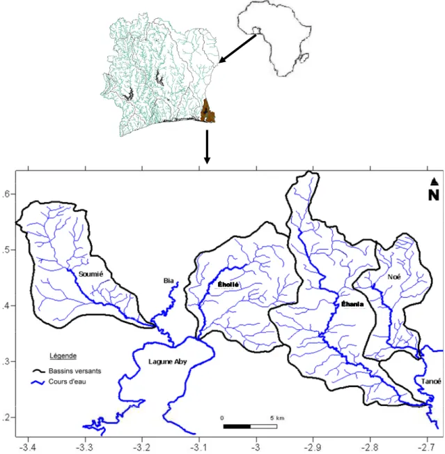 Figure 4 : Présentation des bassins versants des rivières Soumié, Éholié, Éhania et Noé