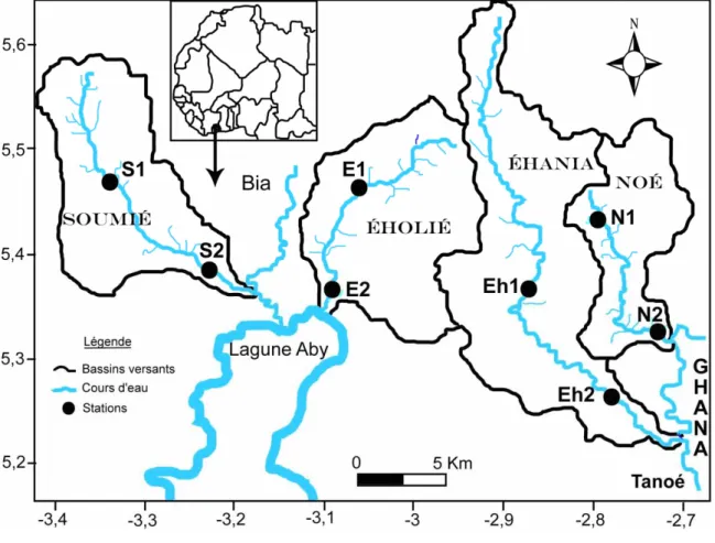 Figure  7  :  Localisation  des  rivières  et  des  stations  d’échantillonnage  (modifiée  de  K ONAN et  al .,  2006);  S =  Soumié,  E =  Éholié,  Eh =  Éhania,  N =  Noé,  1 =  amont,  2 =  aval.