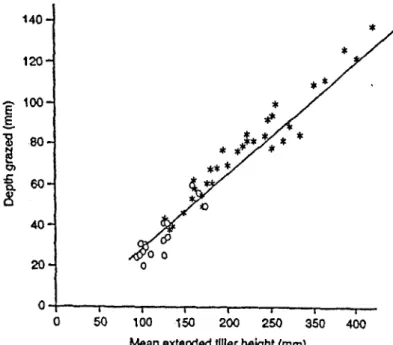 Figure  1-3.  Relation  entre  la  profondeur  de  défoliation  et  la  hauteur  de  la  talle  pâturée  allongée  en  condition  de  pâturage  continu  (o)  ou  de  pâturage  tournant  (*)  (d'après  Wade  1991)