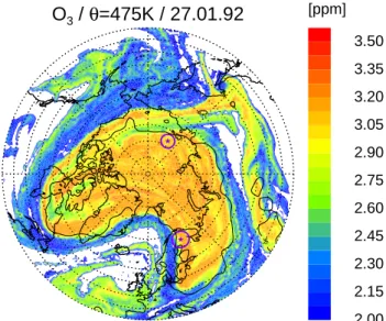 Fig. 4. Comparison of ozone mixing ratio obtained from 123 ozone sondes between 17 and 31 January 1992 with CLaMS simulation interpolated onto the sonde location on the 475 K level.