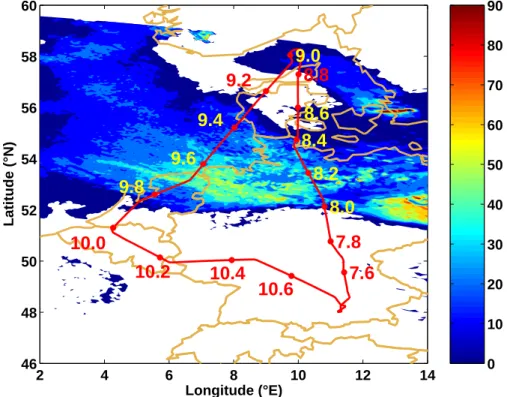 Fig. 1. MODIS cloud optical depth map for 19 March 2003, at 10:50 UT. The red line indicates the Falcon flight track with approximate times (UT)