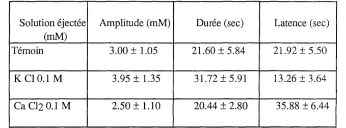TABLEAU l. Modification des caractéristiques (amplitude, durée et latence) du pic K par l'application iontophorétique de K Cl et Ca C12