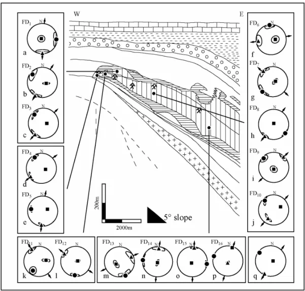 Figure 1. Projection des moyennes par sites d'échantillonnage des axes des ellipsoïdes de  susceptibilité magnétique