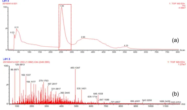 Figure 1.  TIC (a) and MS spectra (b) corresponding to the polyphenols eluting range.