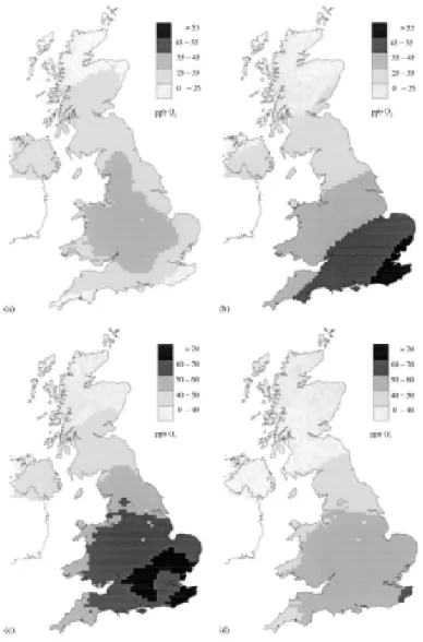 Figure 7. Simulation des concentrations d’ozone obtenues (en ppbv) selon la  situation considérée : a) émissions locales seulement, b) émissions extérieures  seulement, c) total des émissions, d) application de NEC sur toute l’Europe [10]