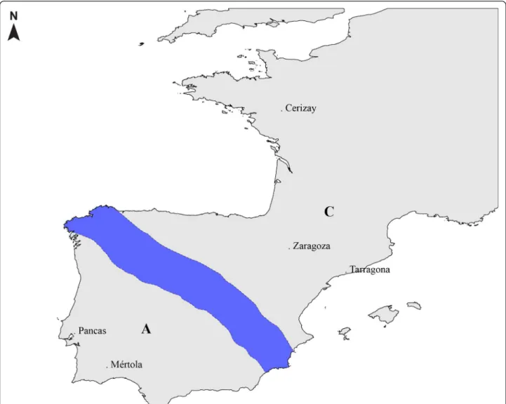 Figure 1 Map with the geographical location of the populations used. Blue shading represents the contact area between O