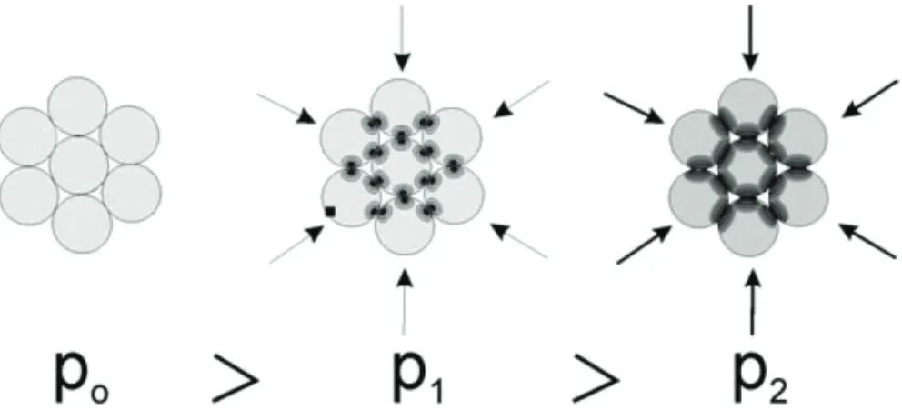 Figure 3.8:  Représentation schématique de la distribution de contraintes exercées sur des  nanoparticules densifiées lors d’une compression isostatique 4 