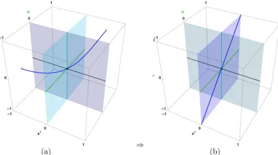 FIG. 3: The geodesic motion is determined by the conserved quantities. For p = (1, 0) and k = 0, for example, the trajectories remain in the hyperplane x 2 = 0 which can therefore be ignored, yielding 3D pictures for x 1 (u), u, v(u) 