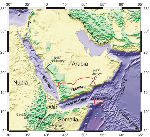 Figure 1: Topographic and bathymetric map of the Gulf of Aden and surrounding regions  showing the location of Socotra Island and the direction and rate of motion of Arabia and  Somalia with respect to Africa (Nubia and Somalia)