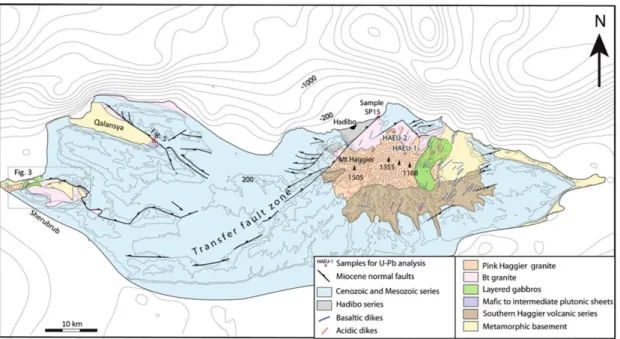 Figure 2: Geological and topographic map of Socotra Island showing the location of basement  exposures in three main areas on Socotra 12