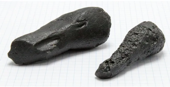 Figure 8 – Tektites specimens with the typical aerodynamic shapes and characteristic surface  388 