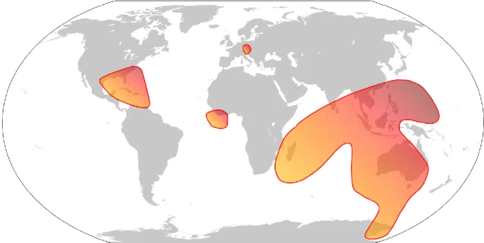 Figure 10 – Approximate location and extension of the four strewn fields: NA (North American),  425 