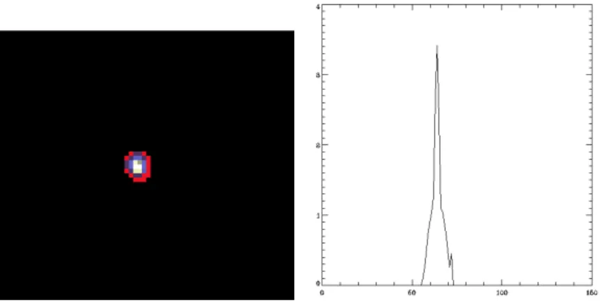 Fig. 5. Revovered time-vaying source after 2D-1D MS-VST denoising. Left, one frame of the denoised cube and right, flux per frame.