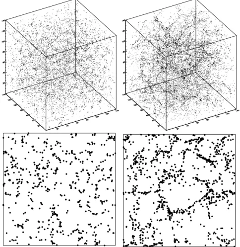 Fig. 12. Simulated data sets. Top, the Voronoi vertices point pattern (left) and the galaxies of the GIF Λ-CDM N-body simulation (right)