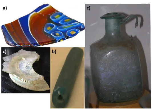Figure  4:  a)  millefiori  glasses,  b)  pearls,  c)  fragment  of  Roman  glass  and  d)  bottle  from  the  Roman  empire