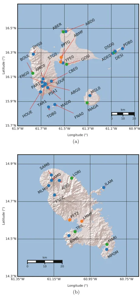Fig. 1 Maps of the stations in Guadeloupe and Martinique Islands used in this study. The colors represent the three different networks: blue for IPGP, orange for IGN/SONEL, green for ORPHEON/RENAG