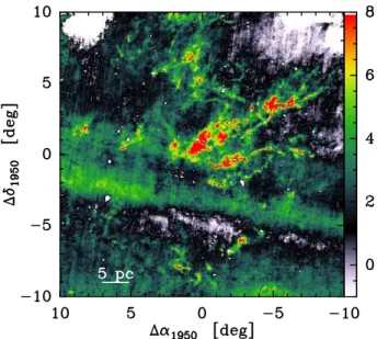 Figure 1. 100µm emission of the cold dust (in MJy/sr) towards the Tau- Tau-rus molecular cloud, calculated using the reprocessed IRAS data  (Miville-Deschˆenes &amp; Lagache 2005)