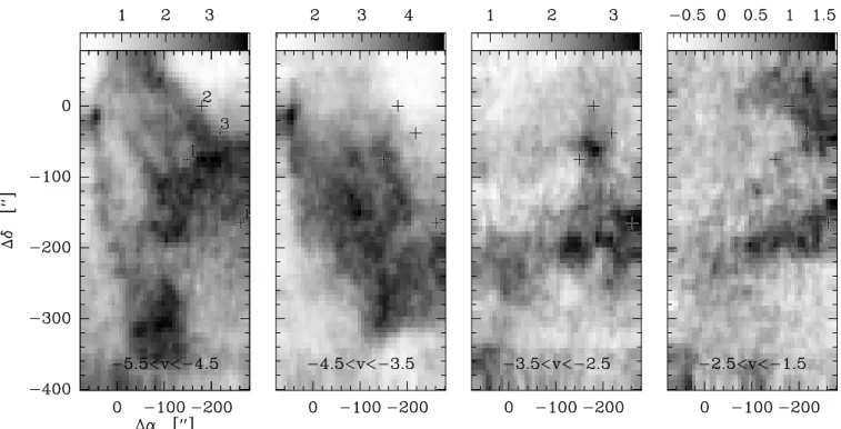 Fig. 1. 12 CO(J=2–1) channel maps of the Polaris field. The 4 positions observed in HCO + lie at offsets (-150”, -75”), (-180”, 0), (-218”, -38”), (-262”, -165”) relative to (0,0): l II = 123.68, b II = 24.93