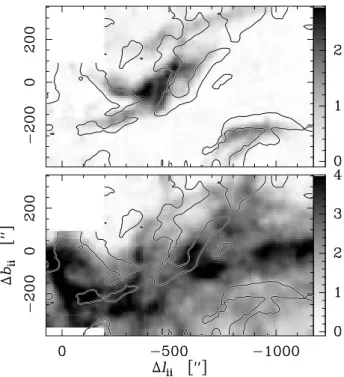 Fig. 10. Position-velocity cuts at constant ℓ II offsets (∆ℓ II = −500 ′′ , left and ∆ℓ II = −800 ′′ , right)