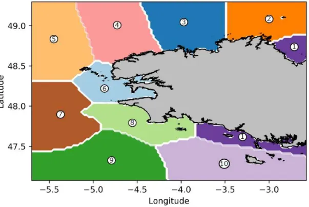 Fig. 6. Spatial distributions of the wind clusters (colored area) blowing off the Brittany coast