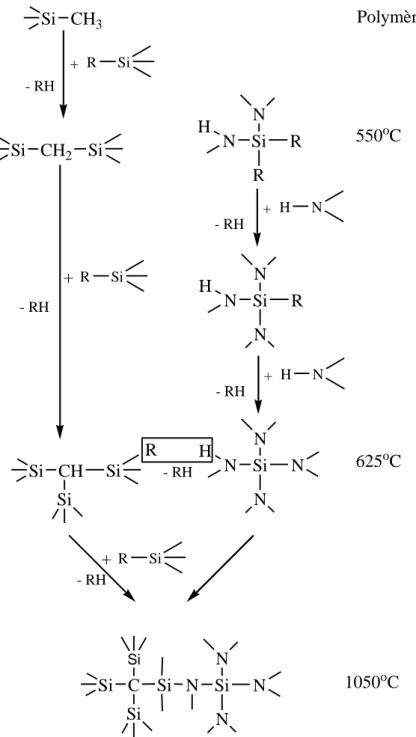 Figure I. 5 .  Mécanisme de pyrolyse sous argon proposé pour la minéralisation du  polyhydridométhylsilazane  [24] 