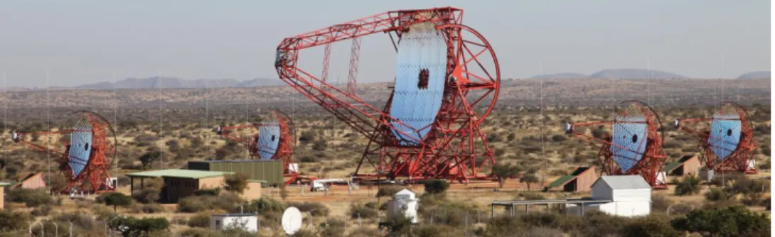 Figure 1.3: H.E.S.S. Telescope Array located in Namibia. It consisted of 4 smaller, 12 meters diameter telescopes, and one central telescope of 28 meters diameter.