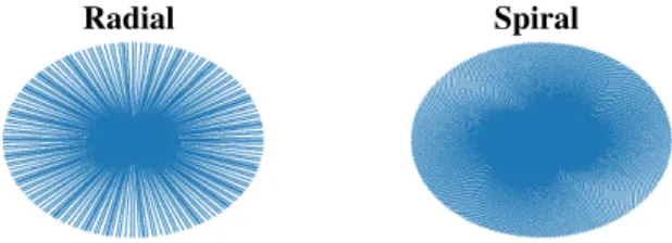 Fig. 2. The 2 k-space trajectories considered in this work. Each of them uses 100 spokes and has a total of 64k measurements.