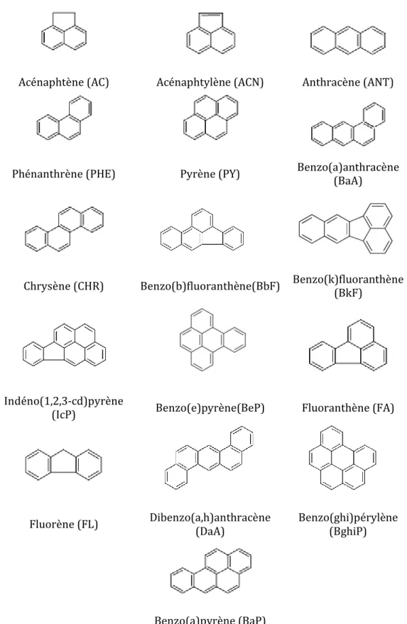 Figure 1. Structures chimiques des seize HAPs prioritaires dans la liste de l'agence américaine pour  les substances toxiques et les maladies (ATSDR) ainsi que leurs abréviations [4]