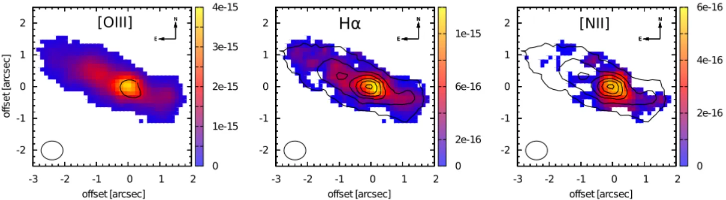 Figure 4.10: Left to right: Surface brightness maps of NVSS J2106 of [Oiii], Hα and [Nii]