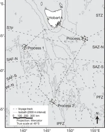 Fig. 1. SAZ-Sense voyage track (dashed line) and station loca- loca-tions (from de Salas et al