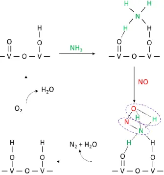 Figure I-10. Mécanisme de réaction entre NH 3  et NO sur oxyde de vanadium [47], [58]