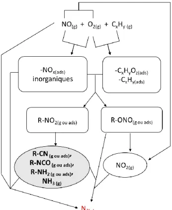 Figure I-15. Schéma réactionnel simplifié de la C 3 H 6 -SCR de NO sur Ag/Al 2 O 3  et Co/Al 2 O 3 ,  d’après Meunier et al