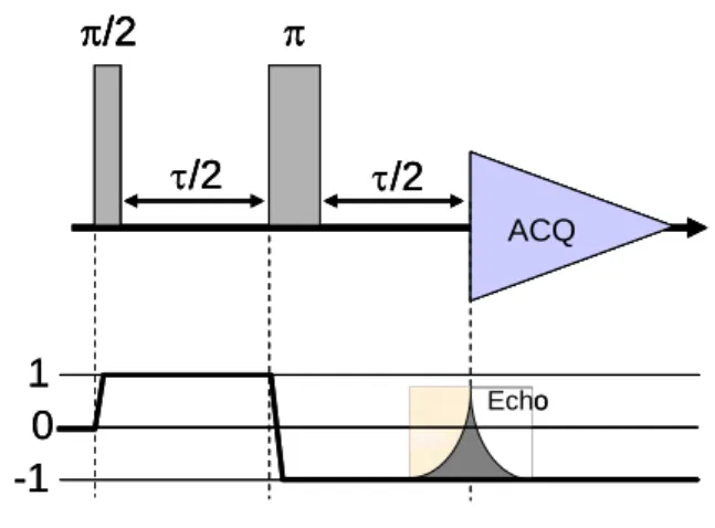 Fig. I.19 : Séquence d’écho de Hahn permettant de s’affranchir de l’hétérogénéité du champ  magnétique B 0  (Hahn, 1950)