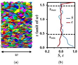 Figure  1.  Analysis  of  porosity  and  anisotropy  in  simulated  disk  packings.  (a)  Three-dimensional  packing and (b) associated porosity  ε and order parameter S along the z direction