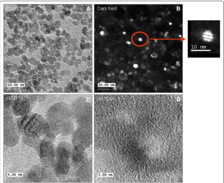 Figure 10 Characterization of Co-Fe NPs by TEM TEM images of cobalt ferrite NPs. (A) bright field image, (B) dark field image, (C-D) high resolution images, inset- magnification of single particle.